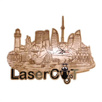 Bakı Siluetli Lazer Kəsimli Taxta Dekor-Saat - 