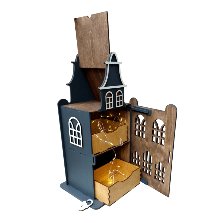 Wooden House-Shaped Storage Box with Lights - 1