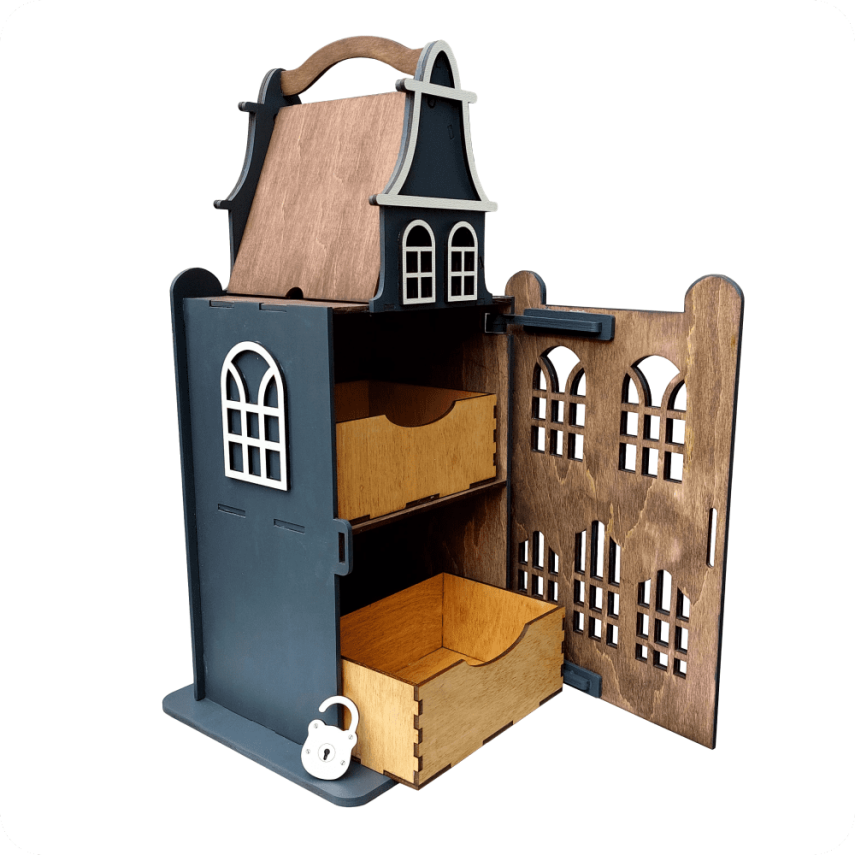 Wooden House-Shaped Storage Box with Lights - 3